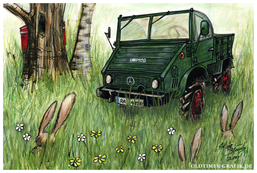 Fröhliche Ostern mit dem Unimog 411 Illustration für einen Kalender Sylvia Steinhoff geb. Benub